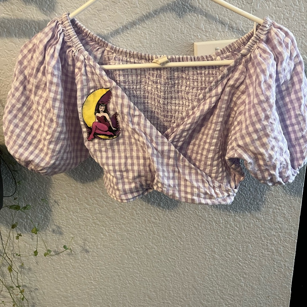 Emo pastel Witch Purple Gingham Off-Shoulder Top small